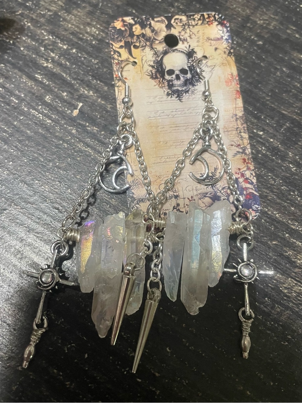 Rough Crystal Quartz Dangle Earrings with Crescent Moon Accent - Silver Tone - Picture 6 of 6